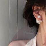 Double-Sided Pearl Stud Earrings Flower Statement Earrings