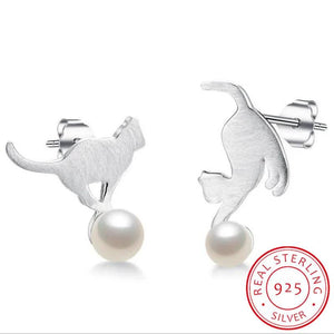 925 Silver Freshwater Pearls Cat Stud Earrings For Women