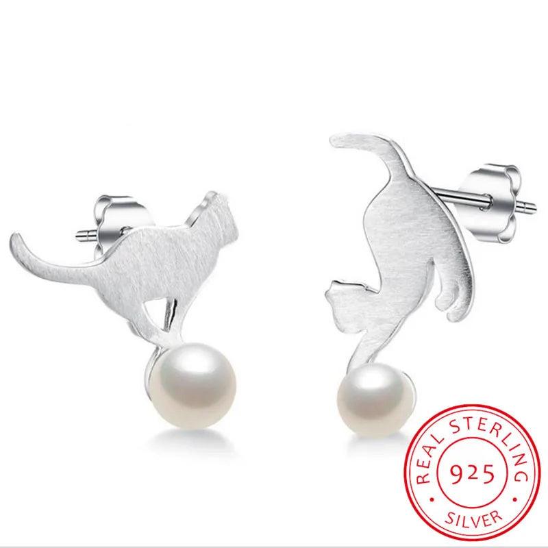 925 Silver Freshwater Pearls Cat Stud Earrings For Women