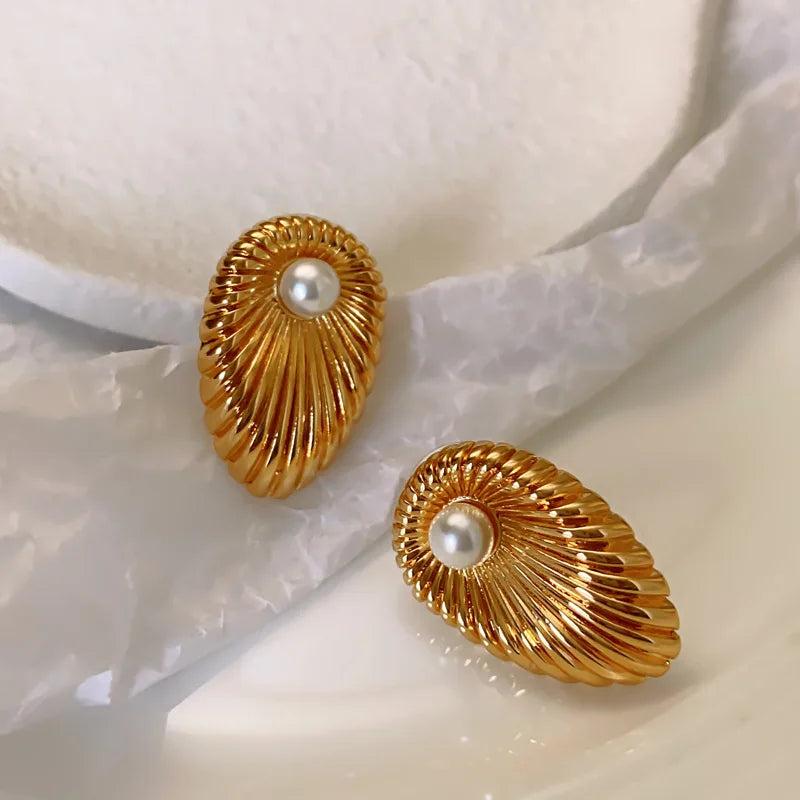 Copper Metal Pearl Earrings Retro Geometric Post Studs Vintage Styles