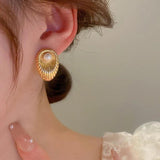 Copper Metal Pearl Earrings Retro Geometric Post Studs Vintage Styles