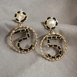 Big Letter Five V Shape Circle Pearl Earrings For Women