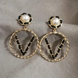 Big Letter Five V Shape Circle Pearl Earrings For Women
