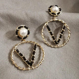 Big Letter Five V Shape Circle Pearl Earrings For Women