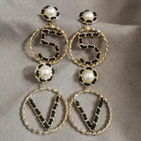 Big Letter Five V Shape Circle Pearl Earrings For Women
