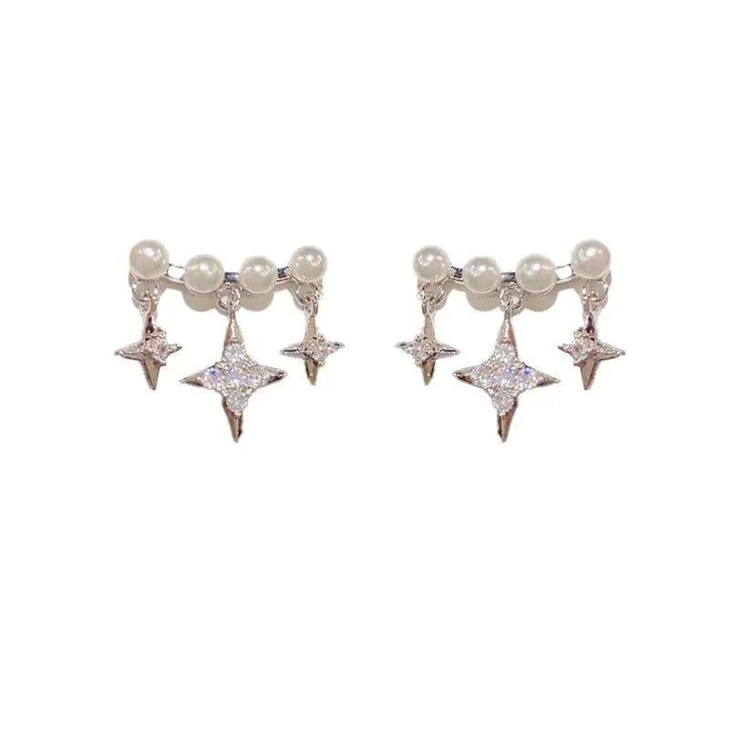 S925 Silver Needle Arc Pearl Earrings Tassel Star Women