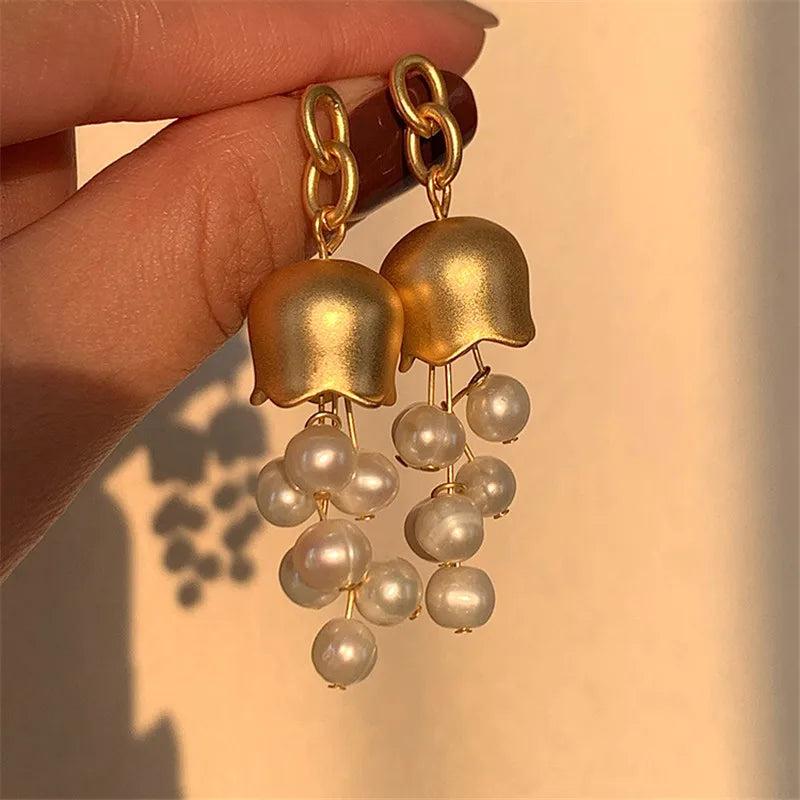 Metal Bell Orchids Pearl Pendant Earrings European American Style