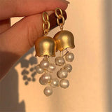 Metal Bell Orchids Pearl Pendant Earrings European American Style