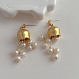 Metal Bell Orchids Pearl Pendant Earrings European American Style