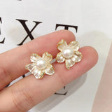 Vintage Begonia Flower Stud Earrings Natural Pearl 925 Silver Ear Jewelry