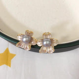 Vintage Begonia Flower Stud Earrings Natural Pearl 925 Silver Ear Jewelry