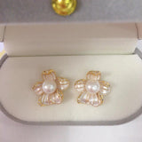 Vintage Begonia Flower Stud Earrings Natural Pearl 925 Silver Ear Jewelry