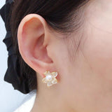 Vintage Begonia Flower Stud Earrings Natural Pearl 925 Silver Ear Jewelry