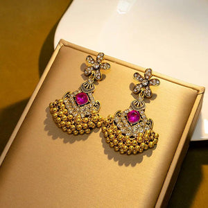Rose Red Crystal Flower Earrings Ethnic Vintage Pearl Tassel Earrings