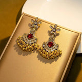Rose Red Crystal Flower Earrings Ethnic Vintage Pearl Tassel Earrings