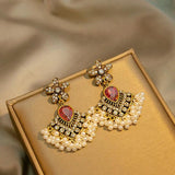 Rose Red Crystal Flower Earrings Ethnic Vintage Pearl Tassel Earrings