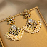 Rose Red Crystal Flower Earrings Ethnic Vintage Pearl Tassel Earrings