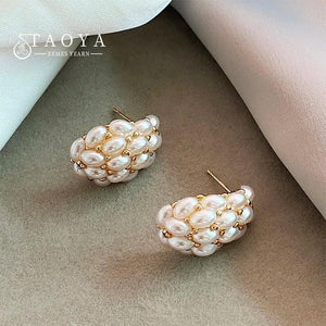 French Oval Pearl Droplet Metal Earrings for Women's Party
