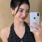 French Oval Pearl Droplet Metal Earrings for Women's Party
