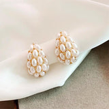 French Oval Pearl Droplet Metal Earrings for Women's Party