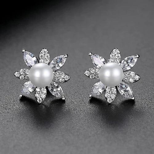 CZ Flower Pearl Studs Earrings for Wedding