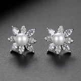 CZ Flower Pearl Studs Earrings for Wedding