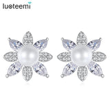 CZ Flower Pearl Studs Earrings for Wedding