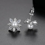 CZ Flower Pearl Studs Earrings for Wedding