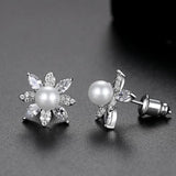 CZ Flower Pearl Studs Earrings for Wedding