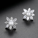 CZ Flower Pearl Studs Earrings for Wedding