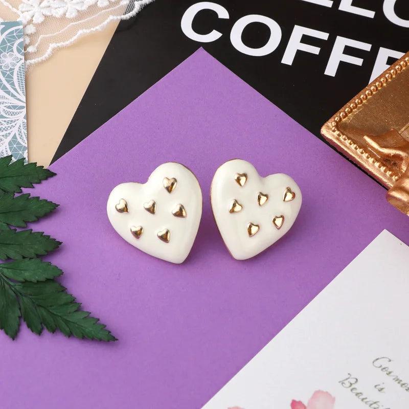 Retro Pearl Flower Irregular Geometric Heart Dripping Glaze Stud Earrings