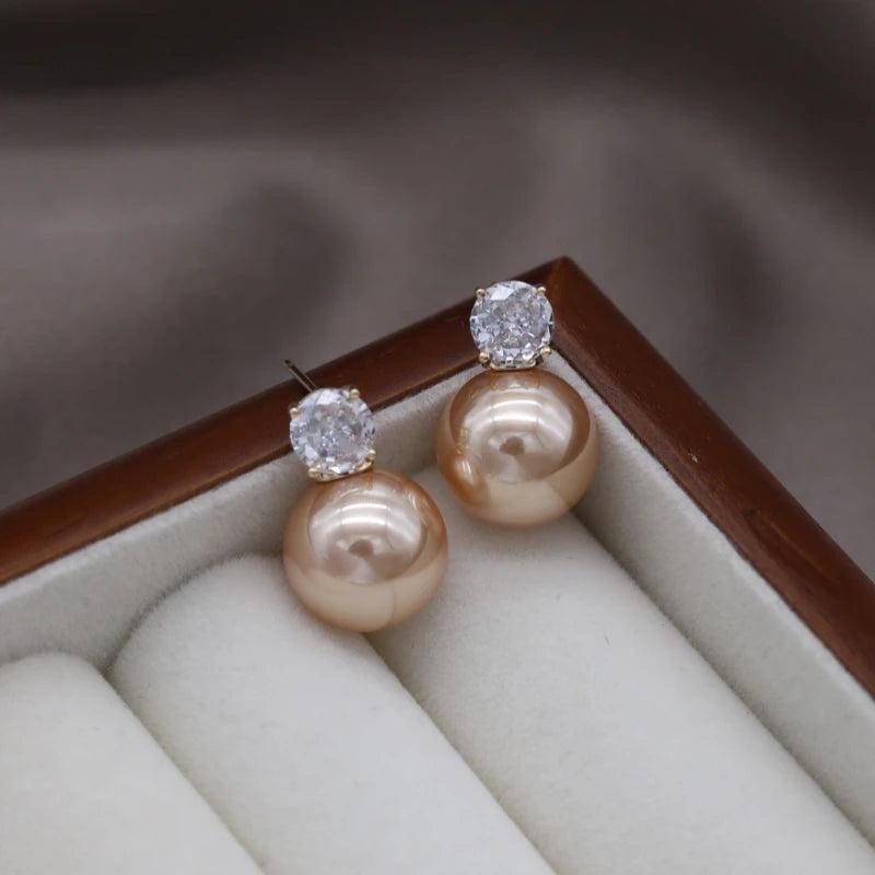 French Jewelry 14K Plated Zircon Pearl Earrings for Women