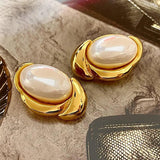 Irregular Metallic Earrings Oval Pearl Design for Women