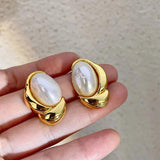 Irregular Metallic Earrings Oval Pearl Design for Women