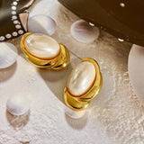 Irregular Metallic Earrings Oval Pearl Design for Women