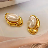 Irregular Metallic Earrings Oval Pearl Design for Women