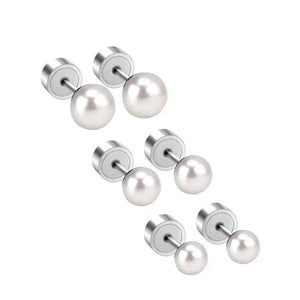3Pairs Silver Pearl Stud Earrings Stainless Steel No Fade Jewelry