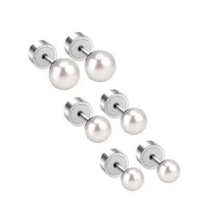 3Pairs Silver Pearl Stud Earrings Stainless Steel No Fade Jewelry