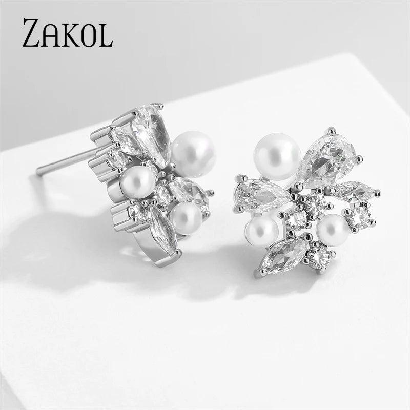 Flower Shape Pearl Stud Earrings for Women