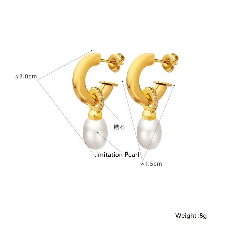 Baroque Pearl C Stud Earrings Women Cubic Zircon Hoop Jewelry