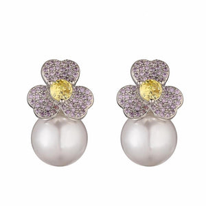 HECHENG Flower Pearl Drop Earrings Zircon Ear Studs Bijoux 