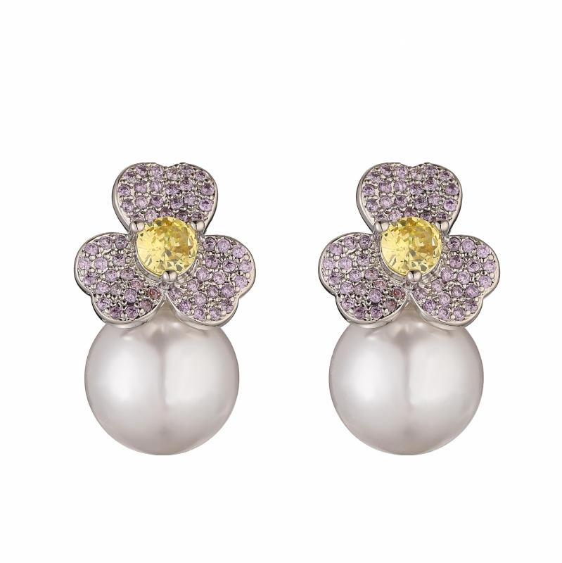 HECHENG Flower Pearl Drop Earrings Zircon Ear Studs Bijoux 