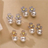 HECHENG Flower Pearl Drop Earrings Zircon Ear Studs Bijoux 
