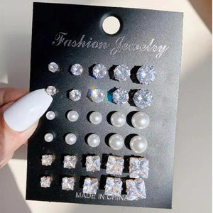 15 Pcs Geometric Sixclaw Crystal Zircon Earrings Set Retro Fake-pearl Earrings