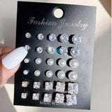 15 Pcs Geometric Sixclaw Crystal Zircon Earrings Set Retro Fake-pearl Earrings
