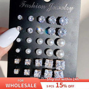 15 Pcs Geometric Sixclaw Crystal Zircon Earrings Set Retro Fake-pearl Earrings