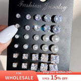 15 Pcs Geometric Sixclaw Crystal Zircon Earrings Set Retro Fake-pearl Earrings
