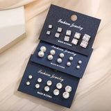 15 Pcs Geometric Sixclaw Crystal Zircon Earrings Set Retro Fake-pearl Earrings
