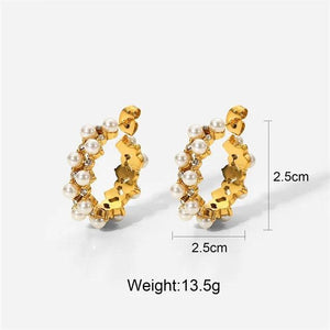 Double Pearl Crystal Zircon C-Shaped Earrings