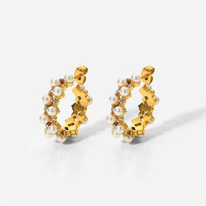 Double Pearl Crystal Zircon C-Shaped Earrings